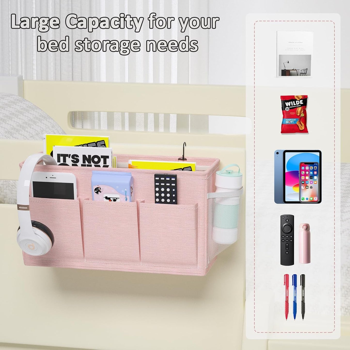 Bedside Caddy Bedside Storage Hanging Organizer for Bunk Dorm Bed Rail | Bed Caddy with Hooks, Top Bunks and Dorm Essentials for Water, Tissues, Tablets, Books, Phones, Remotes and Other Necessories