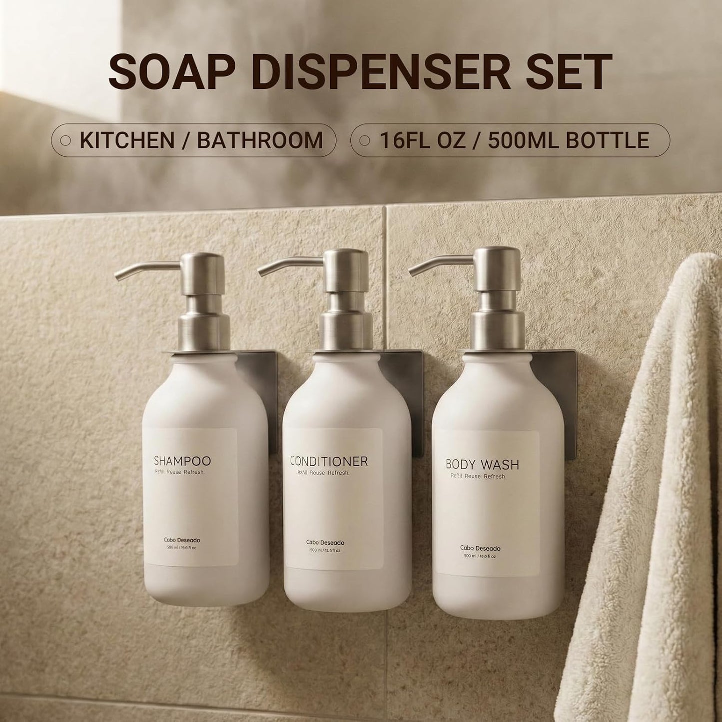 Shampoo and Conditioner Dispenser - Shower Soap Dispenser 3 Chamber No Drill - Bathroom Soap Dispenser Wall Mount Adhesive - Clear PET Bottles with Nature Bamboo Pumps Set Refillable 1500ml