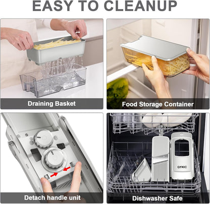 QYKIC Safe Mandoline Slicer for Kitchen, Adjustable Potato Slicer Pro | 0.1-8mm Vegetable Chopper Fry Cutter Julienne Dicer Large Chute Stainless Steel Blades Detachable Dishwasher Safe Gifts