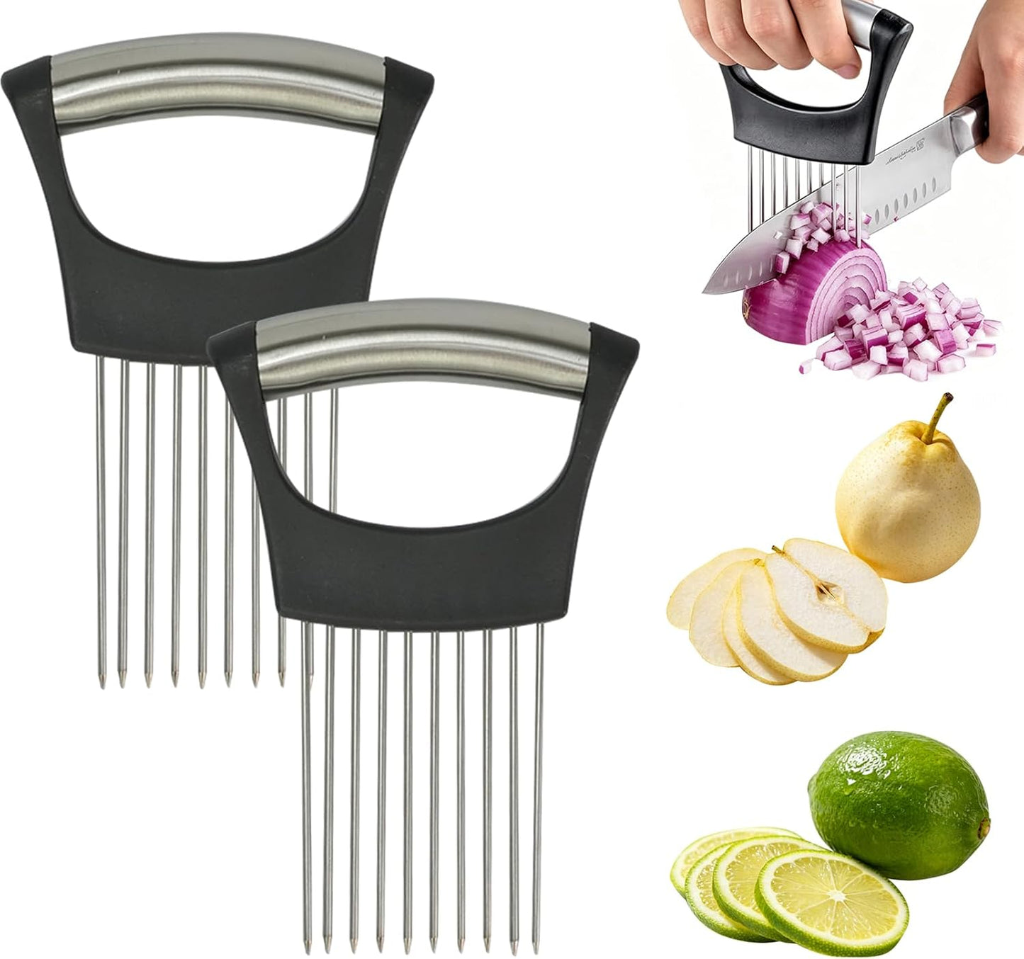 Zoyiancy 2 PCS Stainless Steel Onion Holder, Cutting Tool for Vegetables | Stainless Steel, Protective Cover, Non-Slip Grip, Easy To Wash, Dishwasher, Slices Veggies, Fruit Meat, Onion, Potato, Tomato
