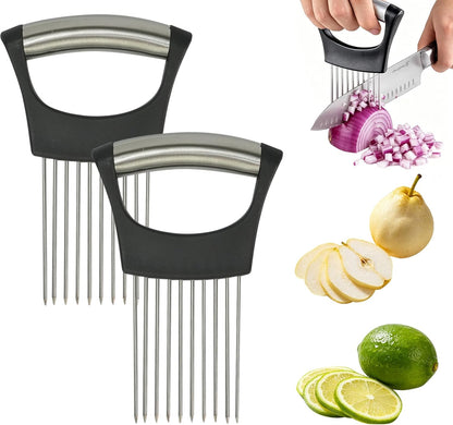 Zoyiancy 2 PCS Stainless Steel Onion Holder, Cutting Tool for Vegetables | Stainless Steel, Protective Cover, Non-Slip Grip, Easy To Wash, Dishwasher, Slices Veggies, Fruit Meat, Onion, Potato, Tomato