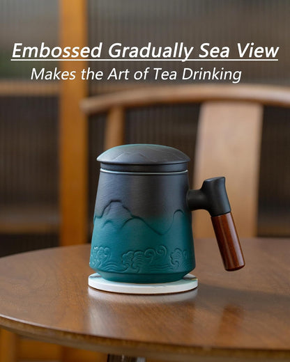 ZENS Tea Cup with Infuser and Lid & Coaster for Tea Steeper, 15oz Blue | Embossed Ceramic Tea Infuser Mug for Loose Leaf Tea Difussers, Tea Lovers Gifts, Nature Wood Handle