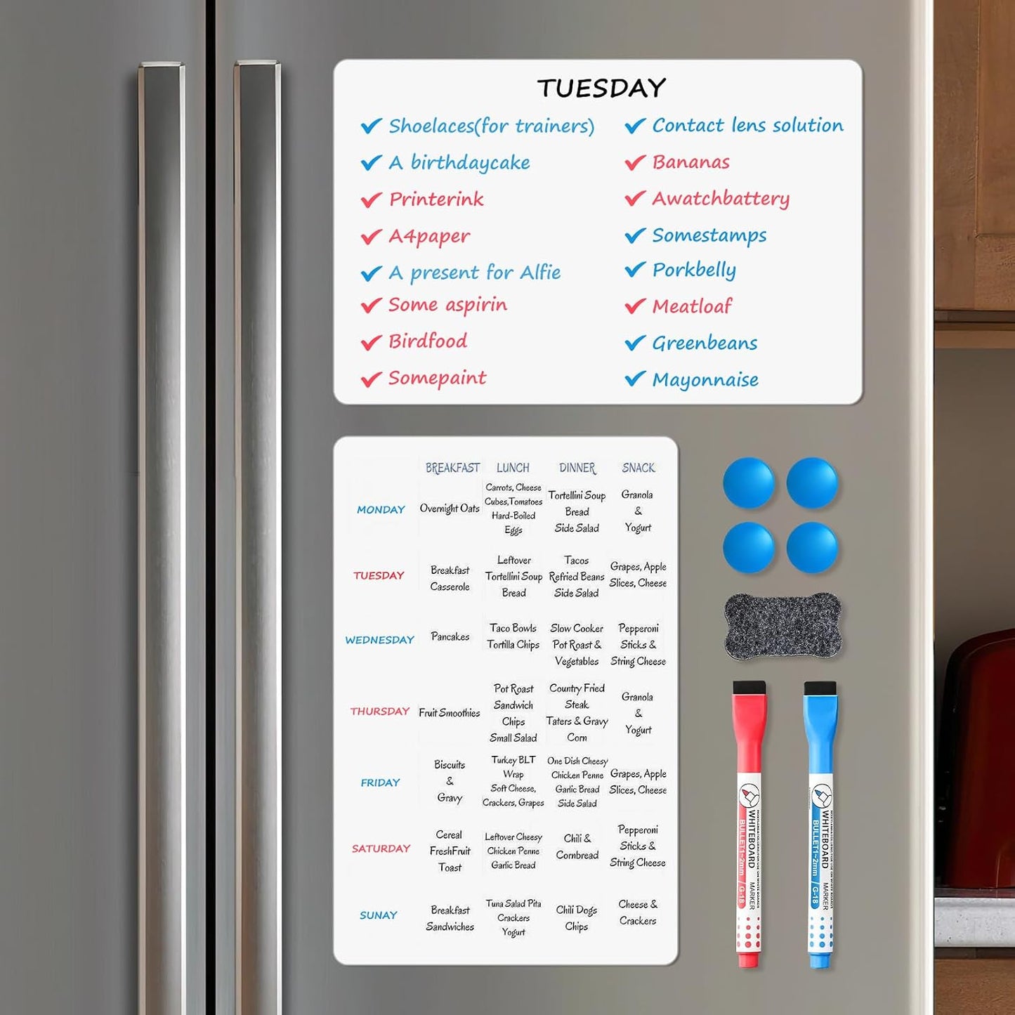 Magnetic Whiteboard for Fridge, 4-Pack Dry Erase Boards (12×8 in) with 5 Markers & Eraser, Strong Magnet & Stain-Resistant Surface, Reusable Message Board for Fridge, Family Planner & Kitchen Notes