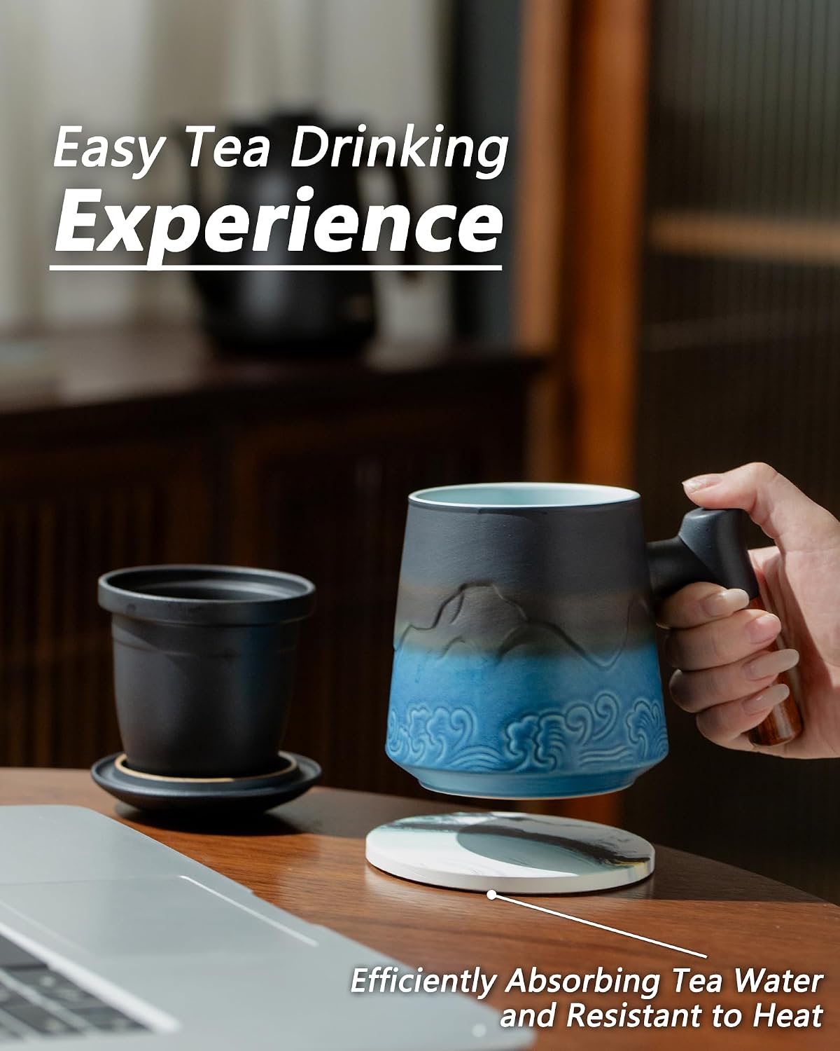 ZENS Tea Cup with Infuser and Lid & Coaster for Tea Steeper, 15oz Blue | Embossed Ceramic Tea Infuser Mug for Loose Leaf Tea Difussers, Tea Lovers Gifts, Nature Wood Handle