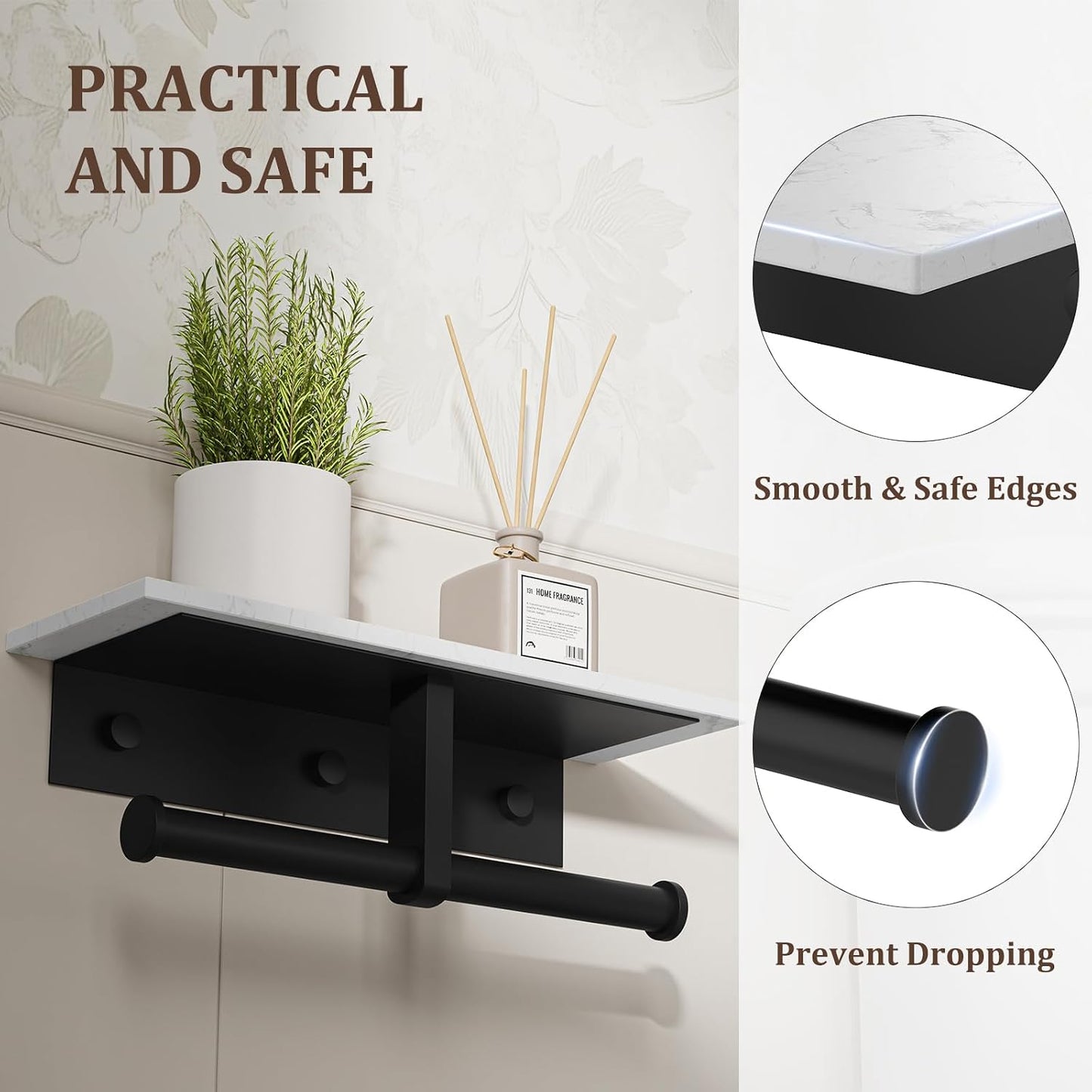 BWE Brushed Gold Toilet Paper Holder with Marble Shelf Wall Mounted | Toilet Paper Roll Holder with Phone Shelf 304 Stainless Steel Tissue Holder for Bathroom Washroom,Saving Space