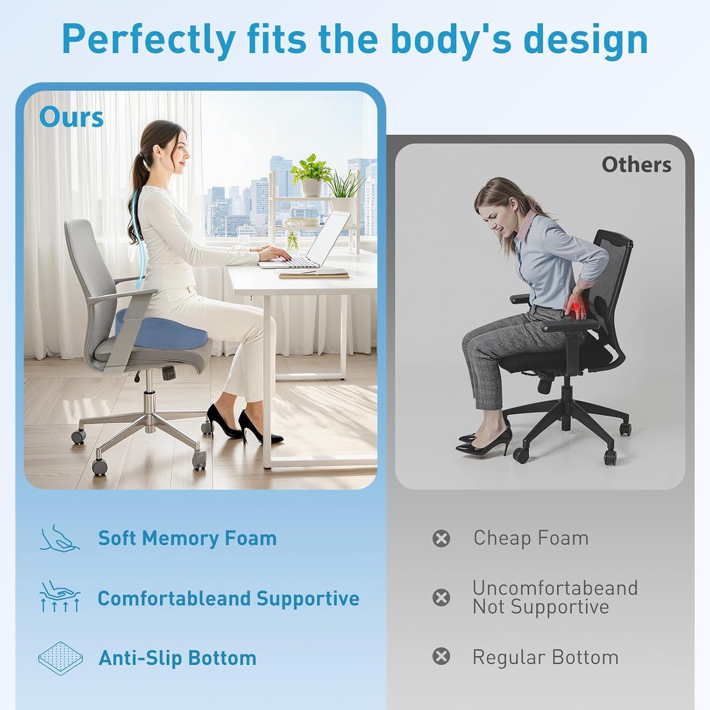 BlissTrends Memory Foam Seat Cushion for Office Chair & Car Seat, Black | 4.7in Ergonomic Tailbone & Sciatica Support with Removable Velvet Cover for Pressure Relief and Long Sitting Comfort