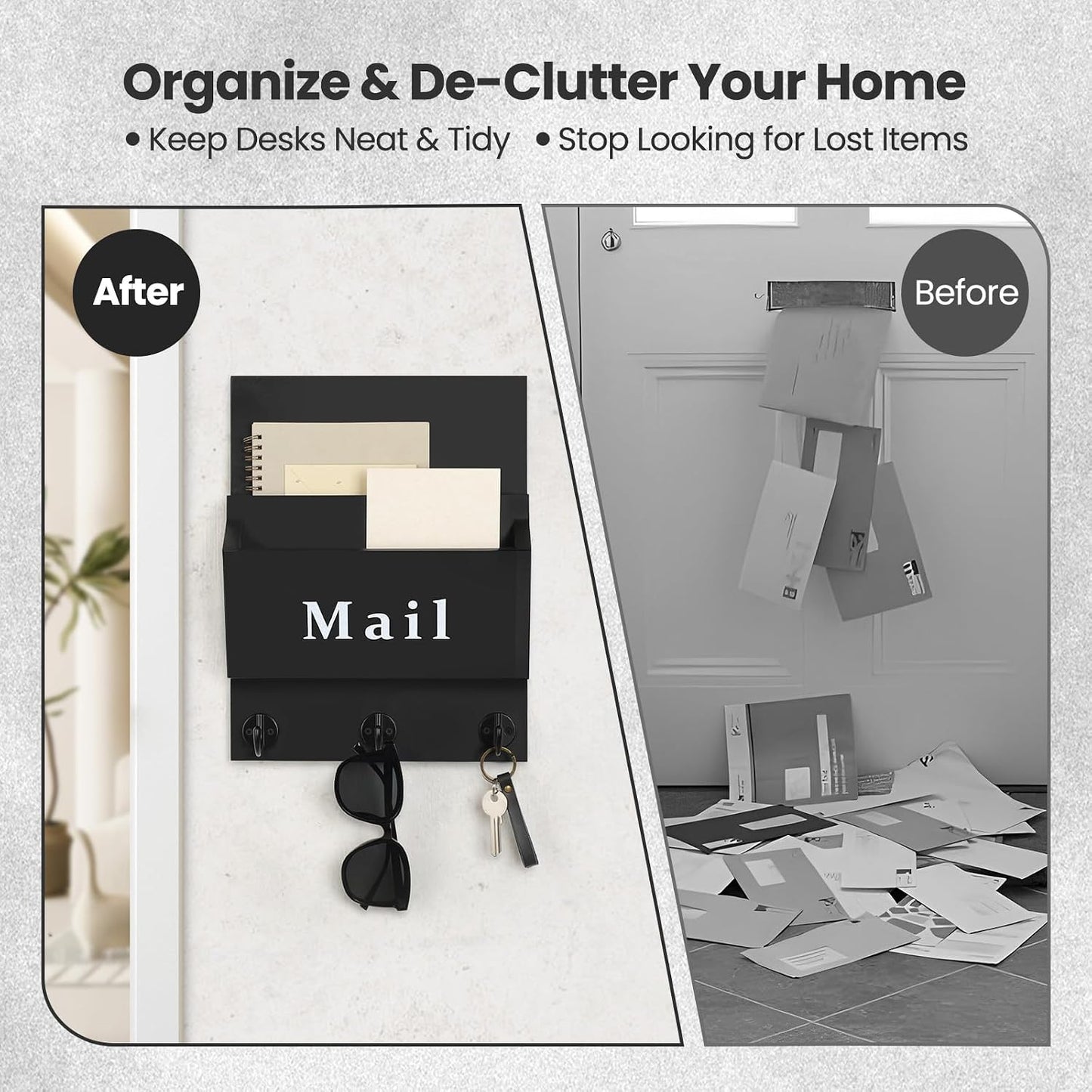 Mail and Key Holder, Wall Key Holder with 2 Mail Organizer Slot and 3 Hooks | Decorative 8.86" x 11.42" Mail Holder, Real Paulownia Wood with Keyhole Brackets, Hardware and Instructions