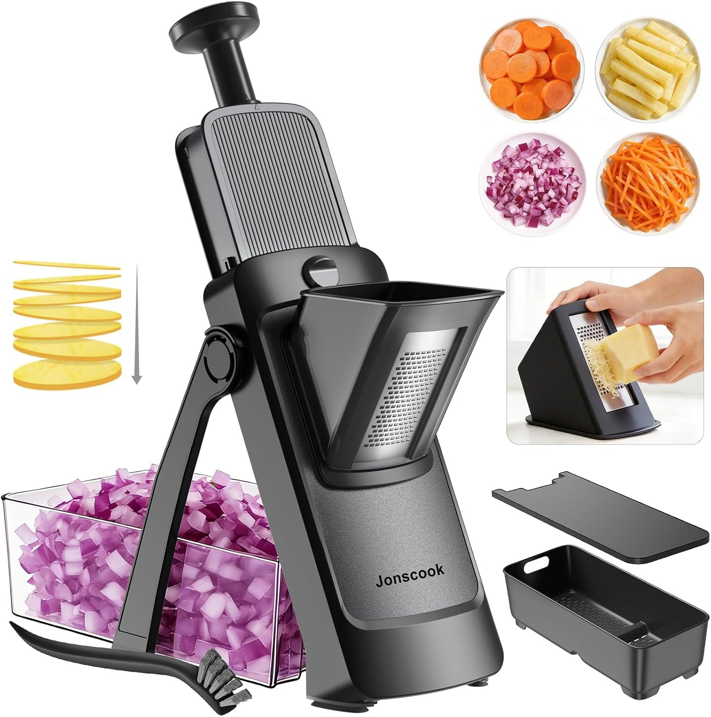 Jonscook All-in-1 Safe Mandoline Slicer for Kitchen, Vegetable Slicer with Container, Adjustable Veggie Mandoline, French Fry Cutter, Potato/Tomato/Onion Slicer, Grater/Cleaning Brush (Black Knight)
