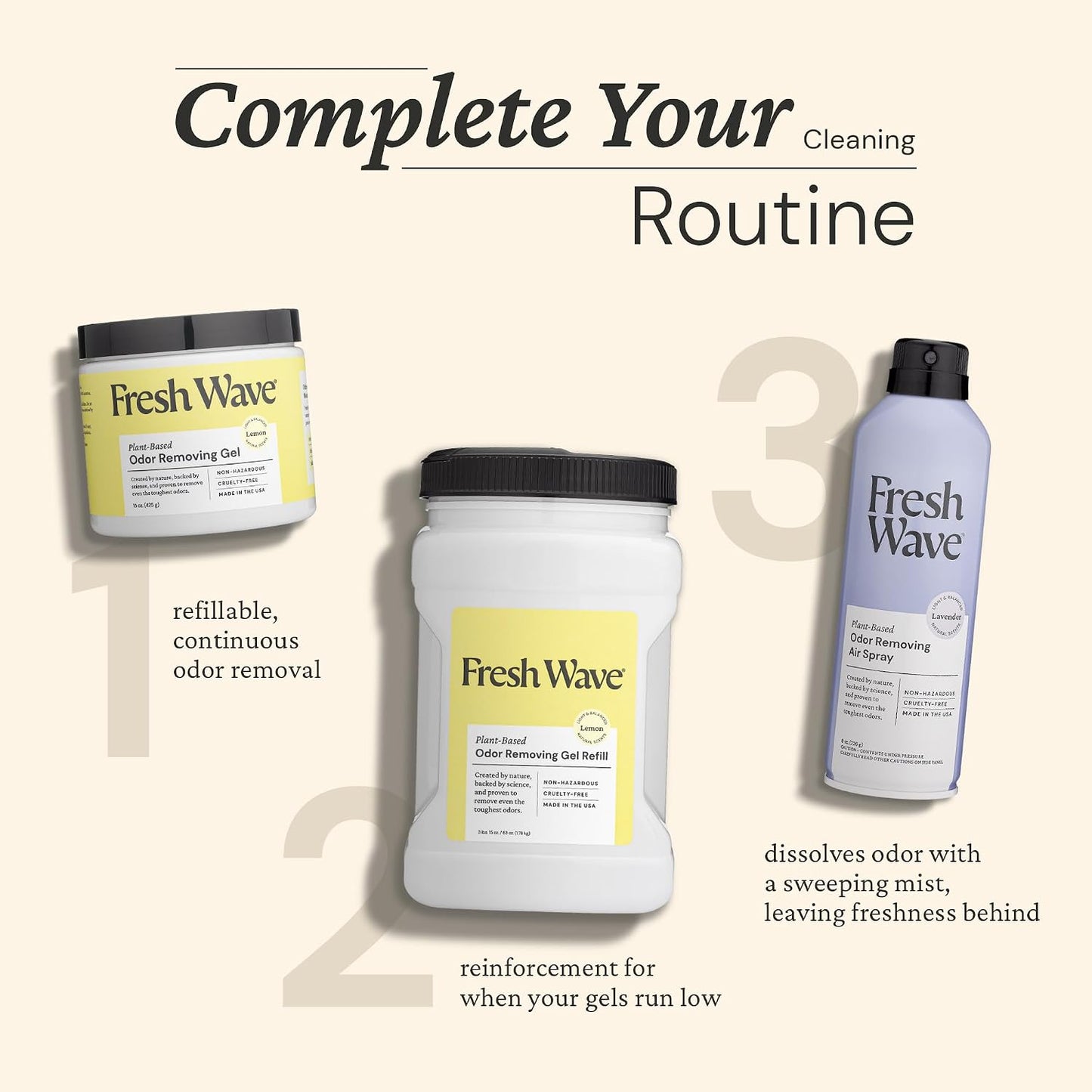 Fresh Wave Original Odor Eliminator Gel 3-Pk 7 oz - Air Freshener for Home | Plant-based essential oils. Lasts 15-30 days per jar. No plug-in needed. Pet-safe, closet and bathroom deoderizer.