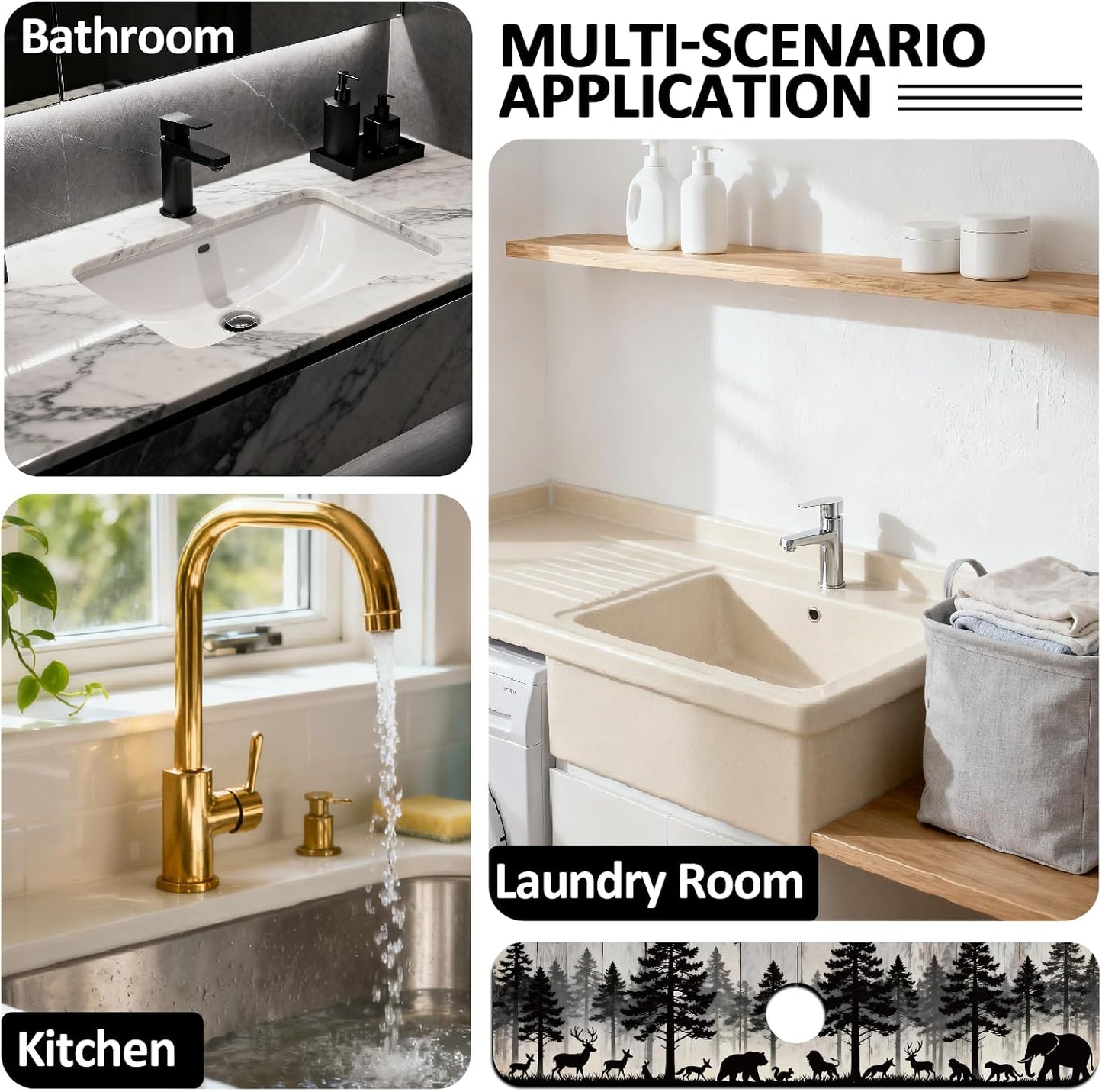 2Pcs Peonies Kitchen Sink Splash Guard Faucet Mat Vintage Florals Faucet Mat For Bathroom Kitchen 5.5x23.6In