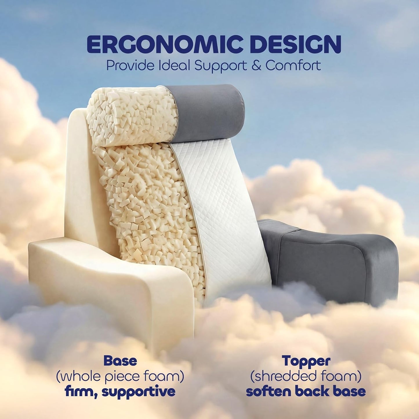 Ergonomic Reading Pillow for Bed Sitting Up, Adjustable Back Pillow with Detachable Armrests, Removable Leg Support Converts to Cylindrical Pillow, Machine Washable Cover with Pockets – Grey