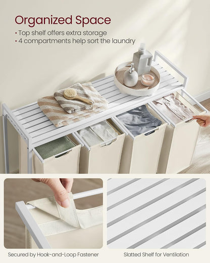 VASAGLE Laundry Hamper, Laundry Basket Sorter with 3 Pull-Out and Removable Bags, Shelf, Metal Frame, 3 x 10.6 Gallons (40 L), 36.4 x 13 x 28.4 Inches, Cappuccino Beige and Natural Beige UBLH301LH01