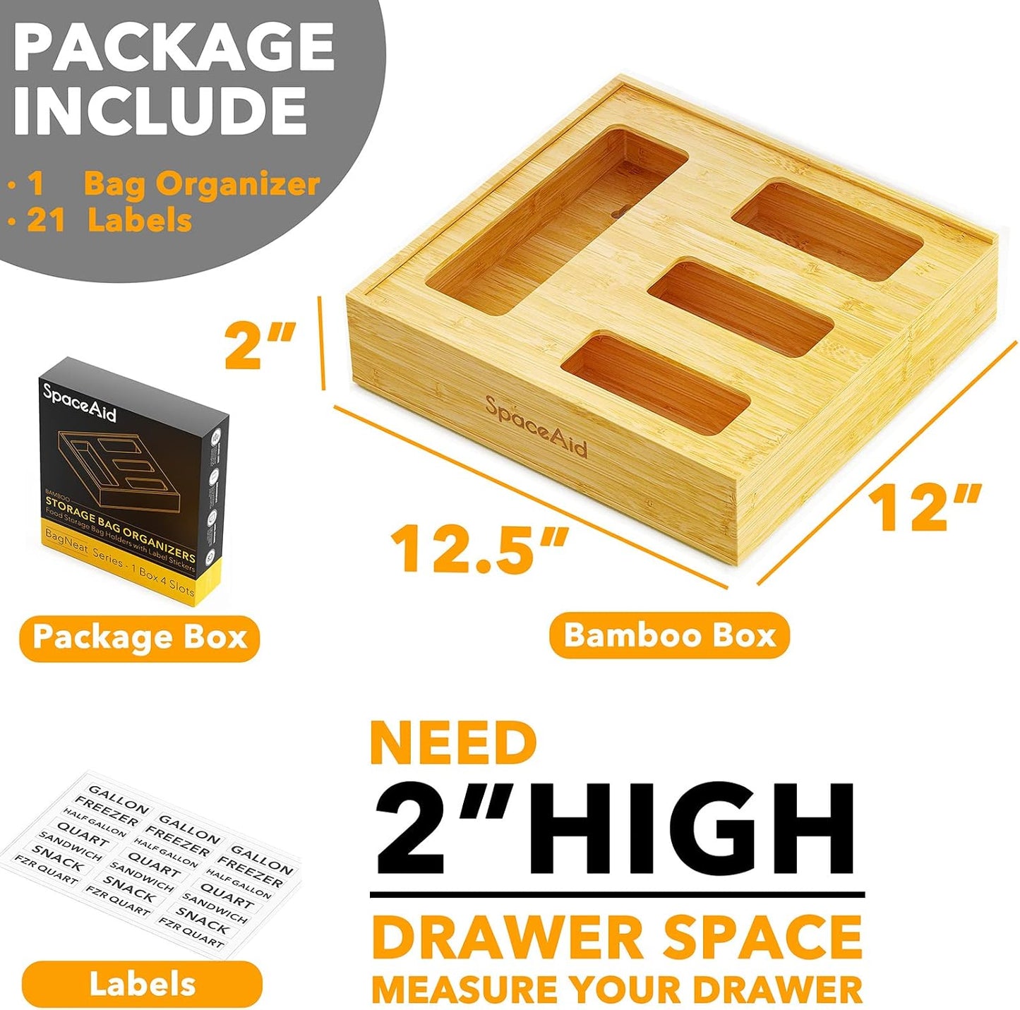 SpaceAid Bag Storage Organizer for Kitchen Drawer, Bamboo Organizer, Compatible with Gallon, Quart, Sandwich and Snack Variety Size Bag (1 Box 4 Slots)