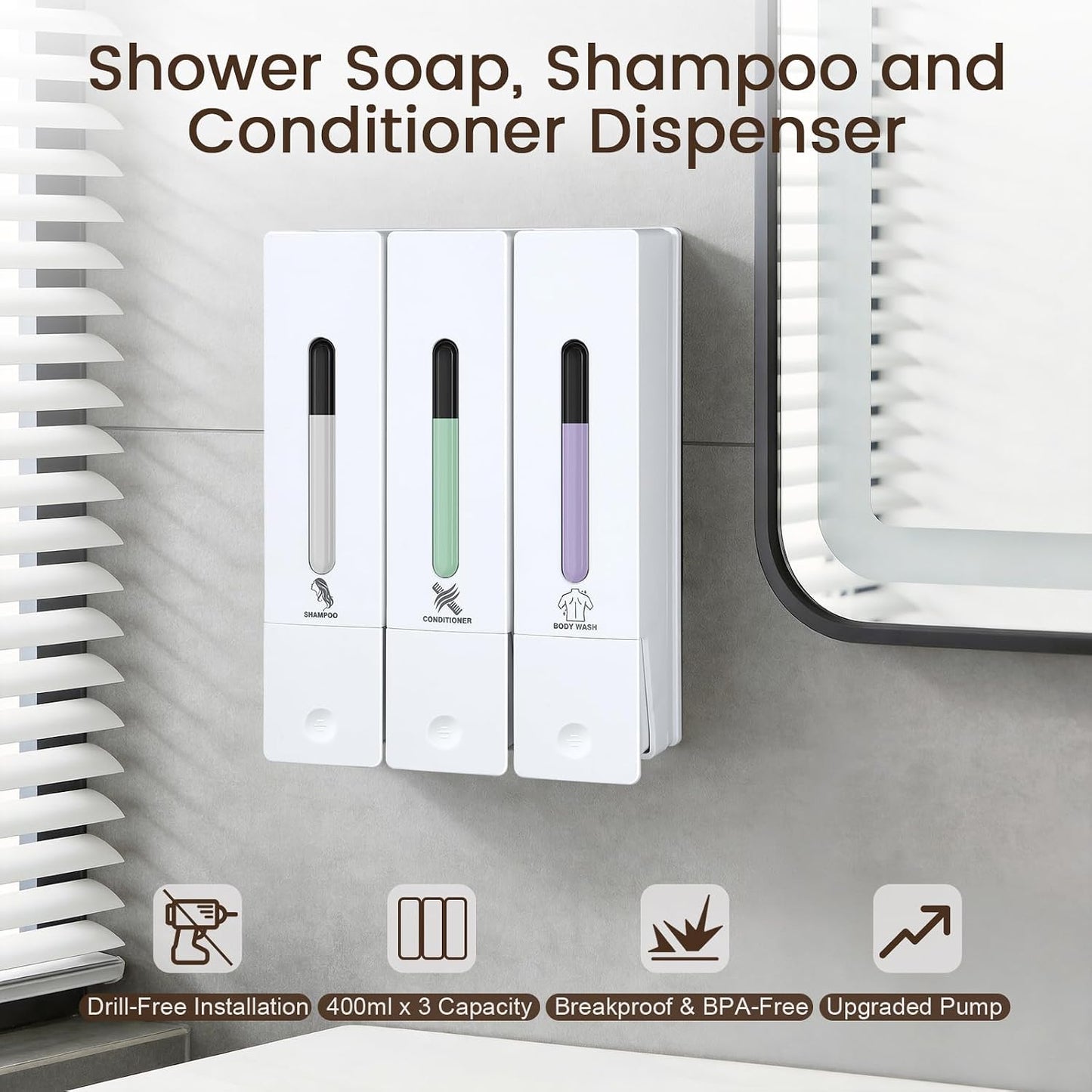 3 Chamber Shampoo and Conditioner Dispenser Set, No Drill Shower Soap | Refillable wall-mounted bottles, BPA-free. 3x400ml. Dispenses shampoo, conditioner,body wash, soap, lotion, gel. Black.