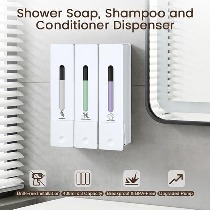 3 Chamber Shampoo and Conditioner Dispenser Set, No Drill Shower Soap | Refillable wall-mounted bottles, BPA-free. 3x400ml. Dispenses shampoo, conditioner,body wash, soap, lotion, gel. Black.