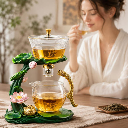Glass Teapot with Infuser Chinese Gongfu Tea Set,6 cups,Magnetic Semi Automatic Design for Loose Leaf Tea