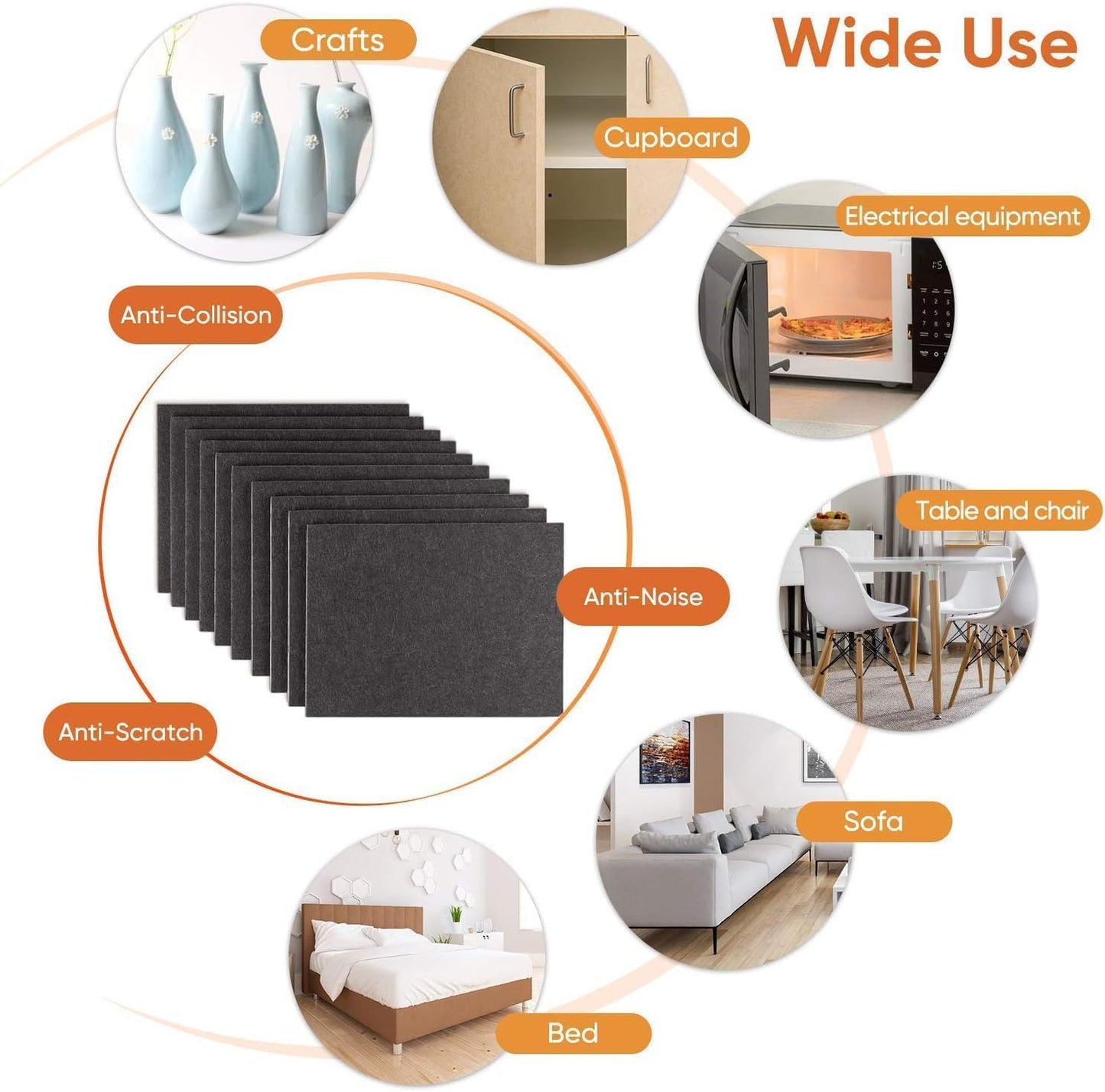 Felt Furniture Pads 10pcs 8" x 6" Adhesive Large Felt Pads, Cuttable | Chair Leg Pads, Hardwood Floor Protectors for Furniture, Black