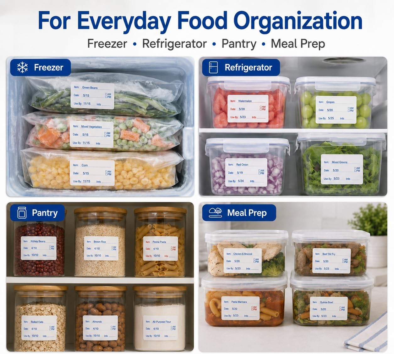 1000 Removable Food Labels, 1x2 Inch Date Stickers for Freezer & Refrigerator Containers, Writable, Self-Adhesive, Ideal for Kitchen, Meal Prep, Home & Restaurant Organization (White and Red)