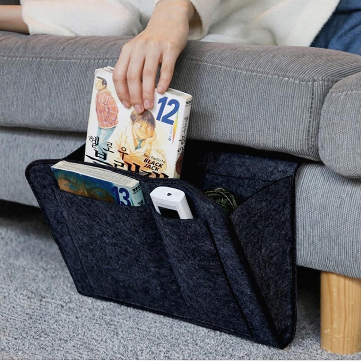 Bringsine 5 Pockets Bedside Caddy, Felt Bed Storage Organizer Hanging Bag Holder for Magazine Book Phone Tablet iPad Cables Remote and Glasses Holder Home Dorm Bed Sofa-Black