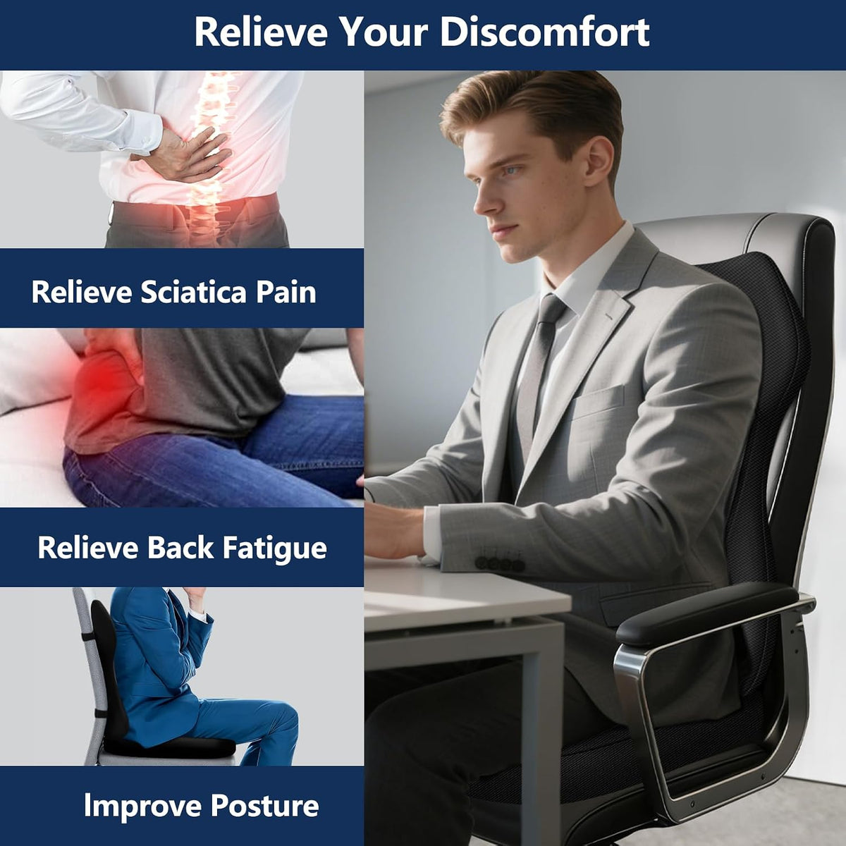 Seat Cushion,Lumbar Support Pillow for Office Chair,Ergonomic Memory Foam Back Support Pillow, High Density Foam Chair Cushion for Sciatica Pain Relief Coccyx Pad for Chair,Car,Desk,Black