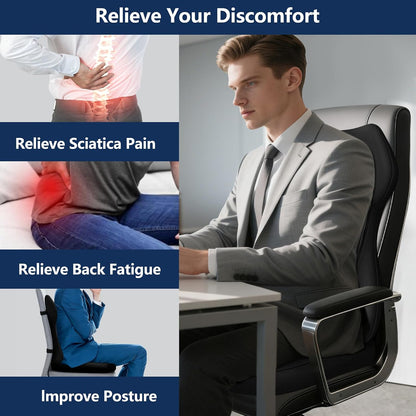 Seat Cushion,Lumbar Support Pillow for Office Chair,Ergonomic Memory Foam Back Support Pillow, High Density Foam Chair Cushion for Sciatica Pain Relief Coccyx Pad for Chair,Car,Desk,Black