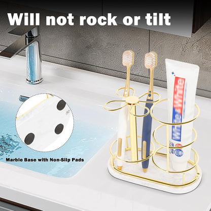 Toothbrush Holder Stand for Bathroom, Metal Toothbrush Organizer with Marble Base, Toothbrush Storage Collection for Family, Suitable for Home Hotel Countertop Vanity (Small, Matte Black)