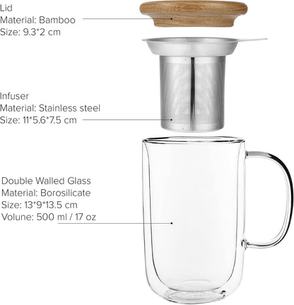 VIVA Minima Balance Glass Infuser Tea Cup - 17 oz / 500 ml Mug with Stainless Steel Infusion Mesh and Bamboo Wood Lid