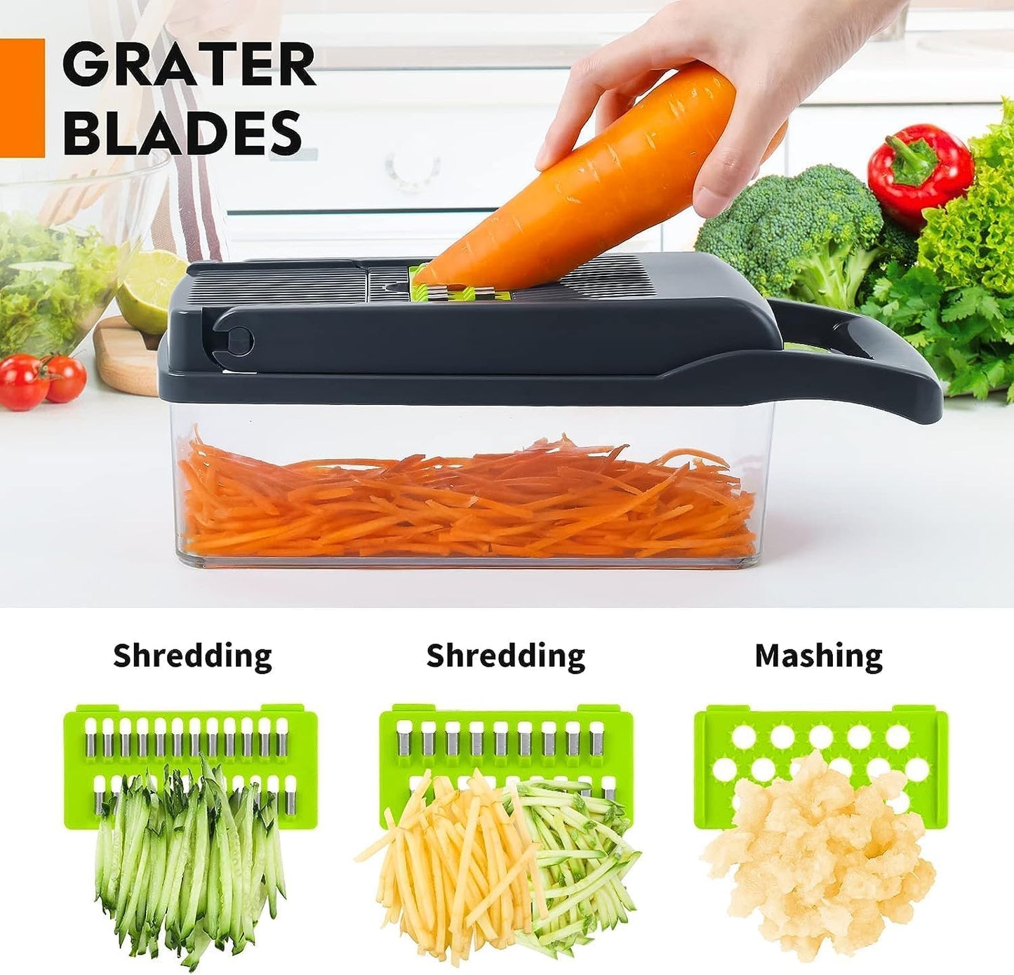 Vegetable Chopper: 16 in 1 Food Chopper - Onion Vegetable Slicer Cutter Dicer, Veggie Cutter with Container, 7 Blades, Kitchen Gadgets for Carrot Salad Garlic Potato Slicer (Grey)