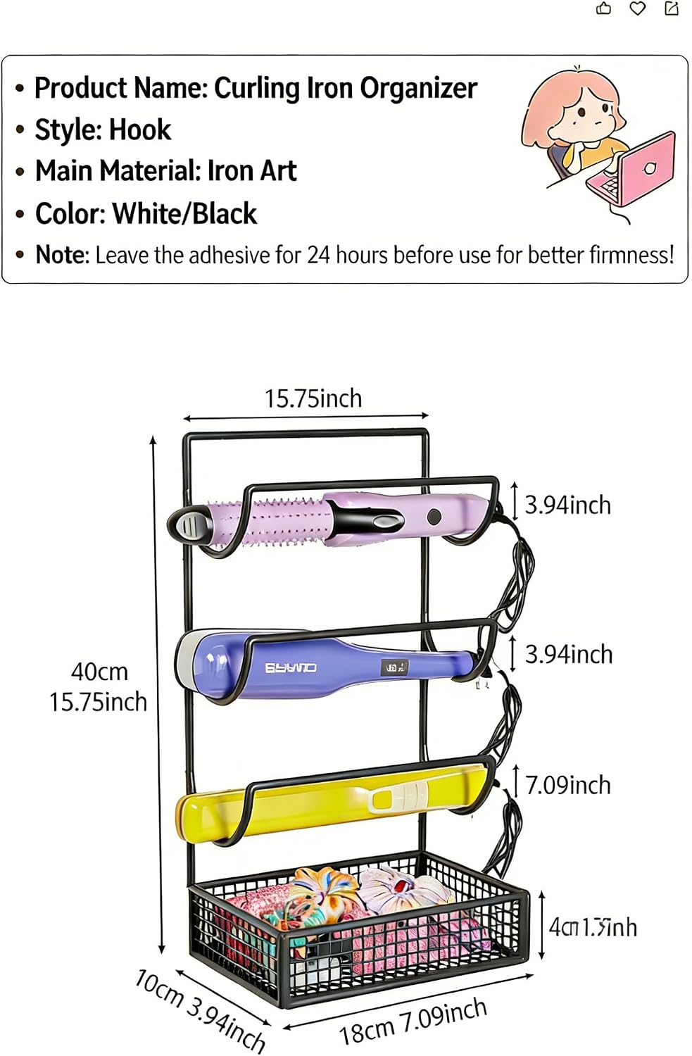 4-Tier Metal Hair Tool Organizer, No Drill Wall-Mounted Storage Rack - Heat Resistant Holder for Curling Iron, Hair Dryer, Straightener, Styling Tools (White/Black)