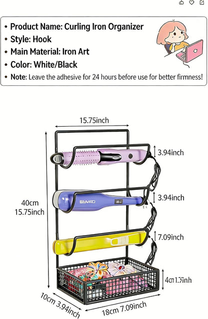 4-Tier Metal Hair Tool Organizer, No Drill Wall-Mounted Storage Rack - Heat Resistant Holder for Curling Iron, Hair Dryer, Straightener, Styling Tools (White/Black)