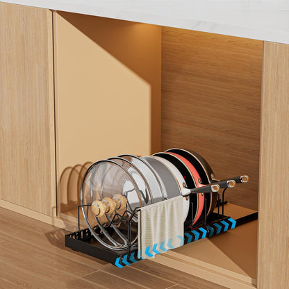 Black 2 Pack Pot Lid Organizer, Pull Out Cabinet Rack, 16 Dividers | 2-pack black carbon steel rack, 16 adjustable dividers, quiet slide rails, adhesive or screw mount for lids, pans, bakeware