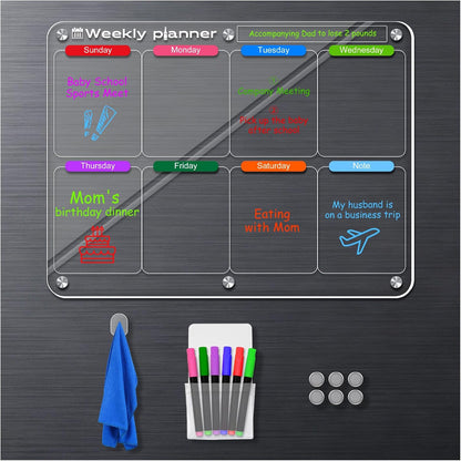 Acrylic Magnetic Weekly Meal Planner for Fridge, Clear Week Calendar Planning Board for Kitchen Refrigerator, Reusable Dry Erase Noteboard for Menu/Grocery/to Do/Shopping List, 11.8'' × 15.7''
