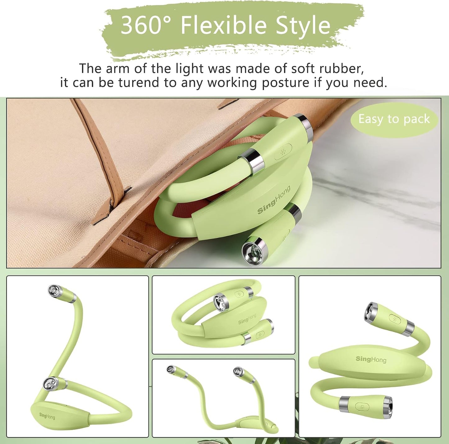 Neck Book Light LED Reading Lamp USB-C Rechargeable, Hands Free, 4 LED Bulbs, 4 Adjustable Brightness, for Reading in Bed or Reading in Car (Green)
