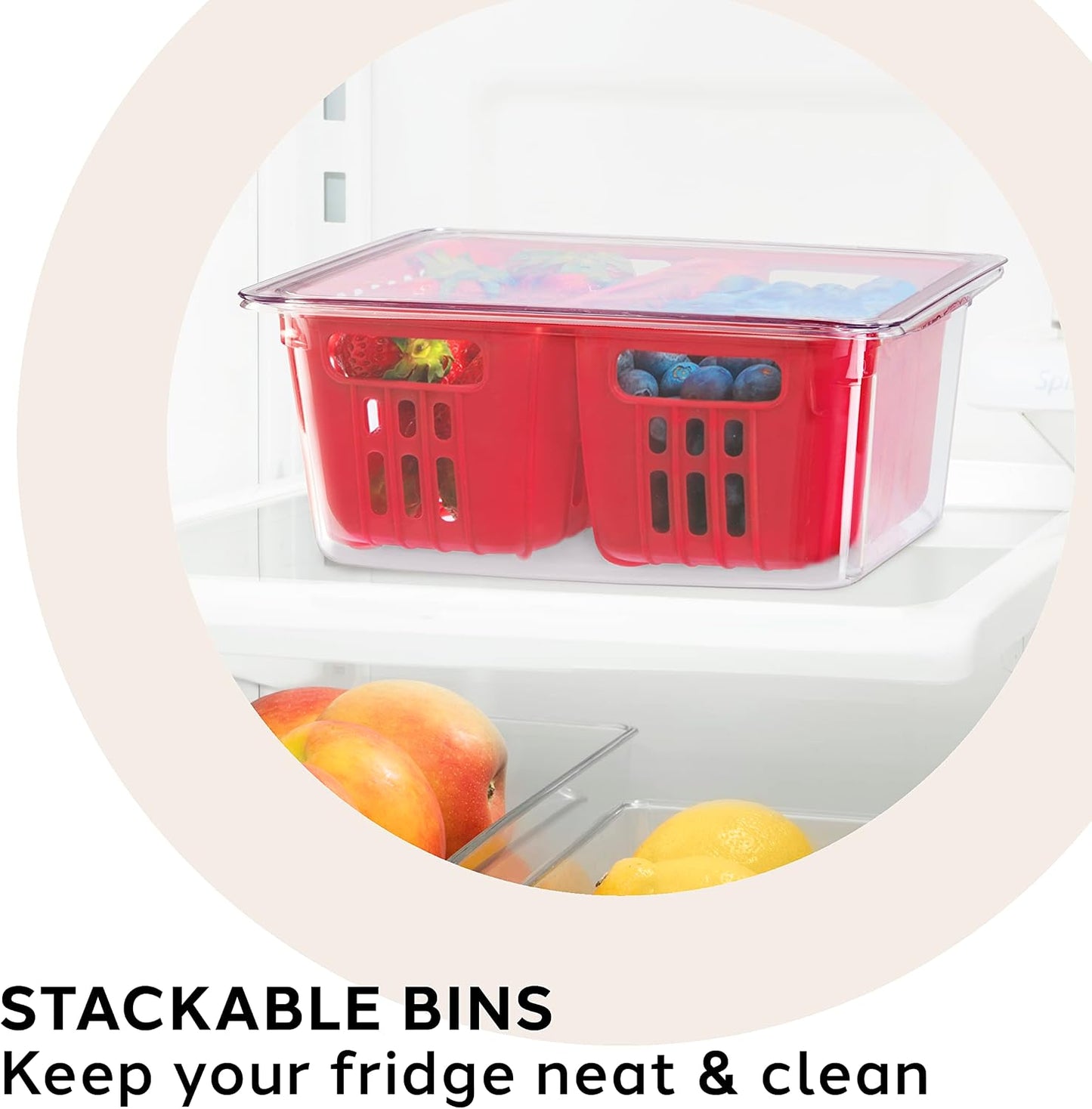 Oggi Berry Container for Fridge - Double Colander Basket - Ideal Berry Containers for Fridge, Includes Berry Colander Insert (8.75" x 6.75" x 3.75"), Red