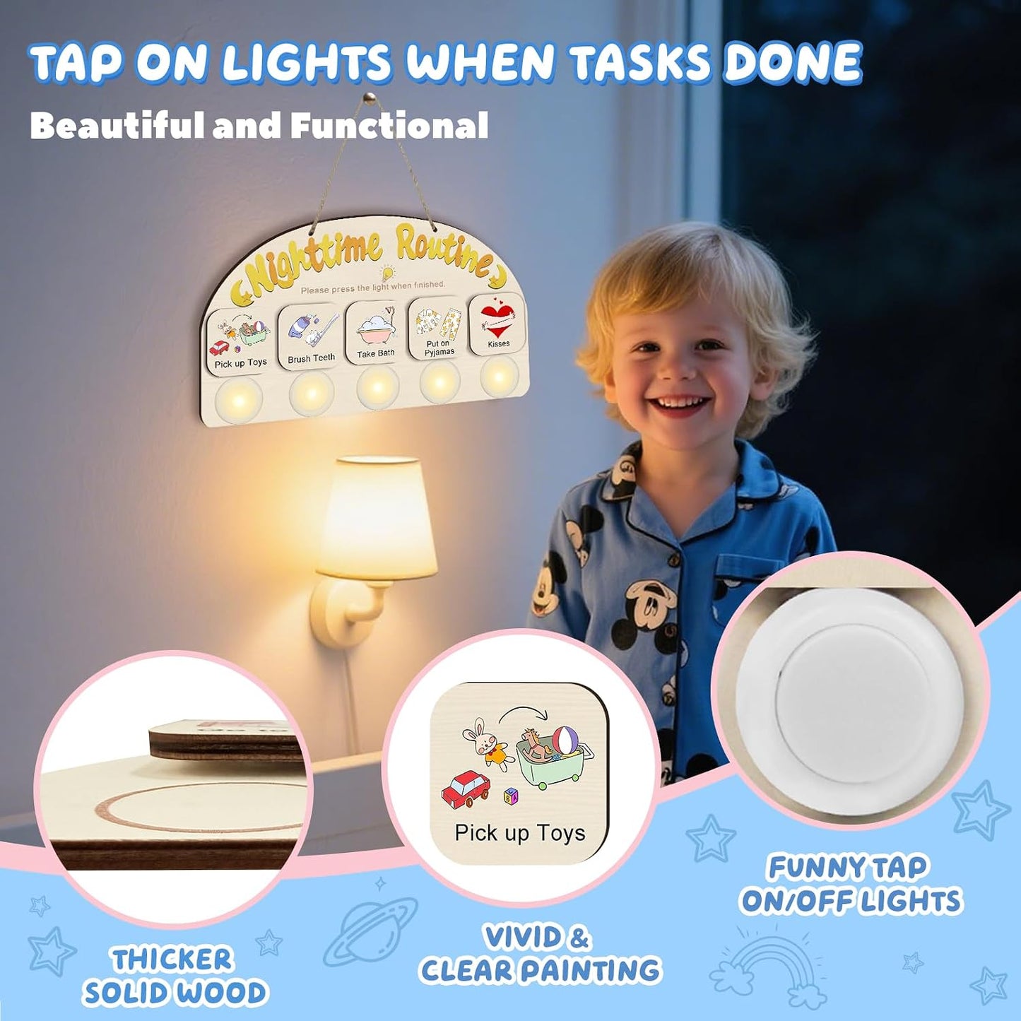 Upgraded Morning Routine Chart for Toddlers, Visual Schedule Chart | to Do List with 5 Tap Lights & 9 Activity Cards, Wooden Schedule Board for Kids, Preschoolers, Autism, ADHD Tools