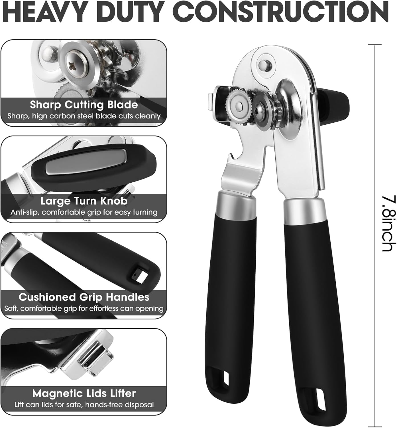 UHIYEE Hand Held Can Opener Manual with Magnet for Home Kitchen, Black | Easy Work, Premium 420J2 Steel, Magnetic Lid Lifter, Easy-Turn Oversized Knob, Arthritis Friendly, Smooth Edge