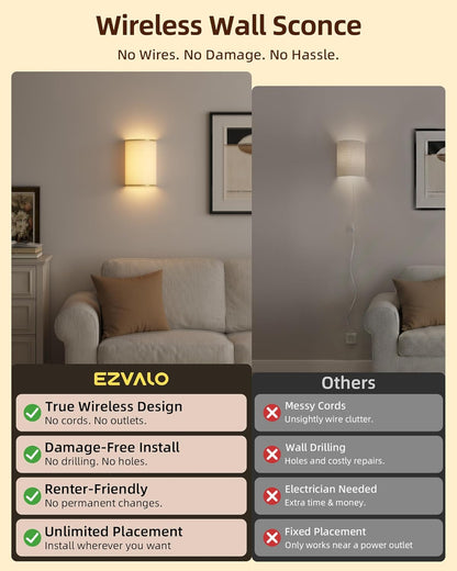 EZVALO Battery Operated Wall Sconce, Rechargeable Wall Sconces Set of Two with Remote, Peel and Stick Wireless Wall Lights, 3 Color & 80 RGB, Dimmable, Timer, Fabric Linen Wall Mount Lamp for Bedroom