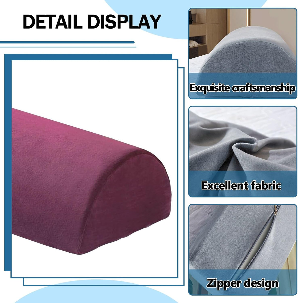 Half Moon Bolster Pillow for Legs, Knees, Lower Back and Head, Lumbar Support Pillow for Bed, Sleeping | Semi Roll for Ankle and Foot Comfort - Machine Washable Cover(@10,42x18x10cm/16.5x7x4in)