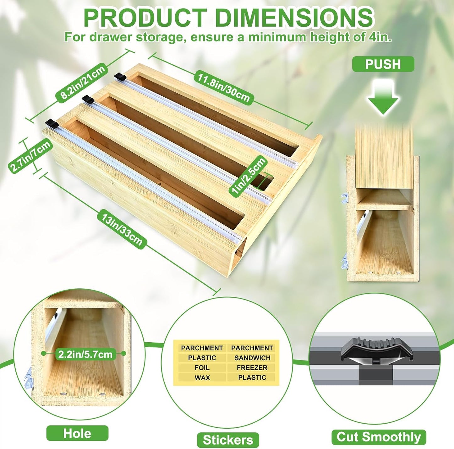 MSJGA Magnetic Plastic Wrap Dispenser with Cutter for Drawer&Refrigerator | 3 in 1 Fridge Bamboo Organizer for Tin Foil, Baking Paper, Wax Paper Holder Kitchen Storage Box Compatible,13" x 8.2" x 2.7"