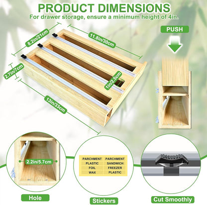 MSJGA Magnetic Plastic Wrap Dispenser with Cutter for Drawer&Refrigerator | 3 in 1 Fridge Bamboo Organizer for Tin Foil, Baking Paper, Wax Paper Holder Kitchen Storage Box Compatible,13" x 8.2" x 2.7"