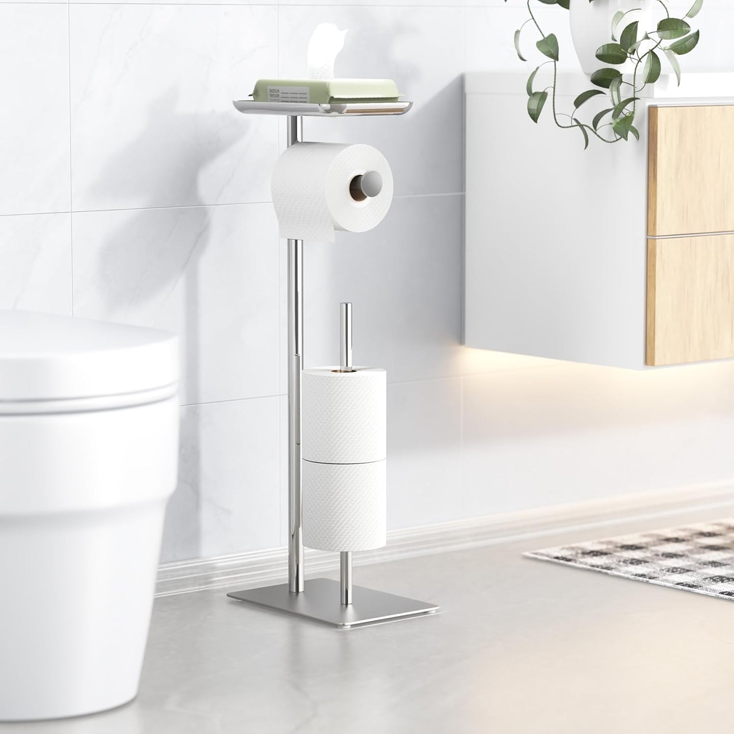 Toilet Paper Holder Stand with Top Storage Shelf | Free Standing Toilet Roll Dispenser for Bathroom, Holds 4 Reserve Rolls, Silver