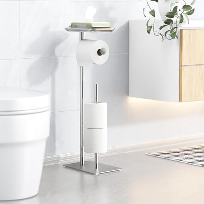 Toilet Paper Holder Stand with Top Storage Shelf | Free Standing Toilet Roll Dispenser for Bathroom, Holds 4 Reserve Rolls, Silver
