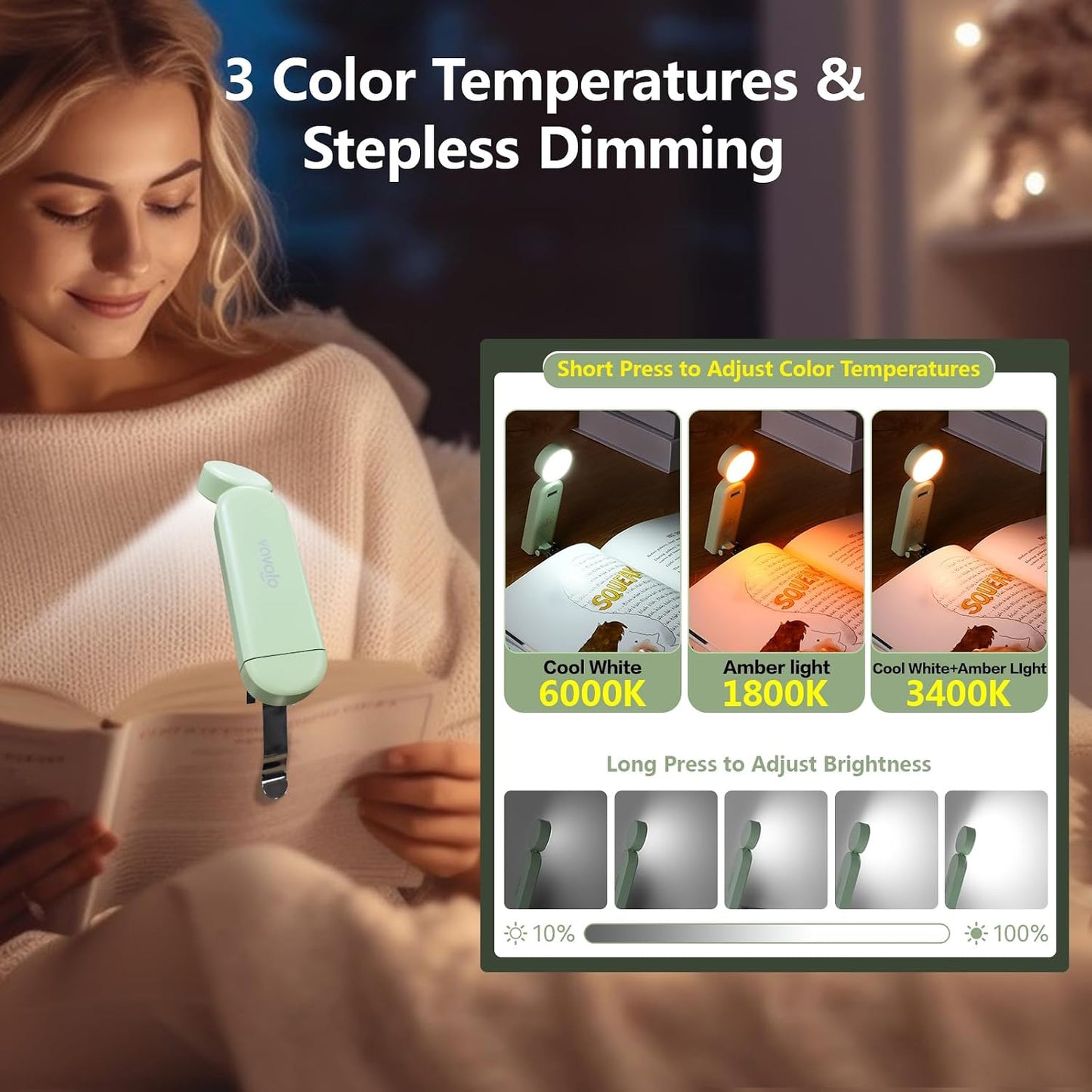 VAVOFO USB Rechargeable Bookmark Reading Light, Blue Light Blocking Amber LEDs for Bedtime Reading - Clip On, 9 Lighting Modes