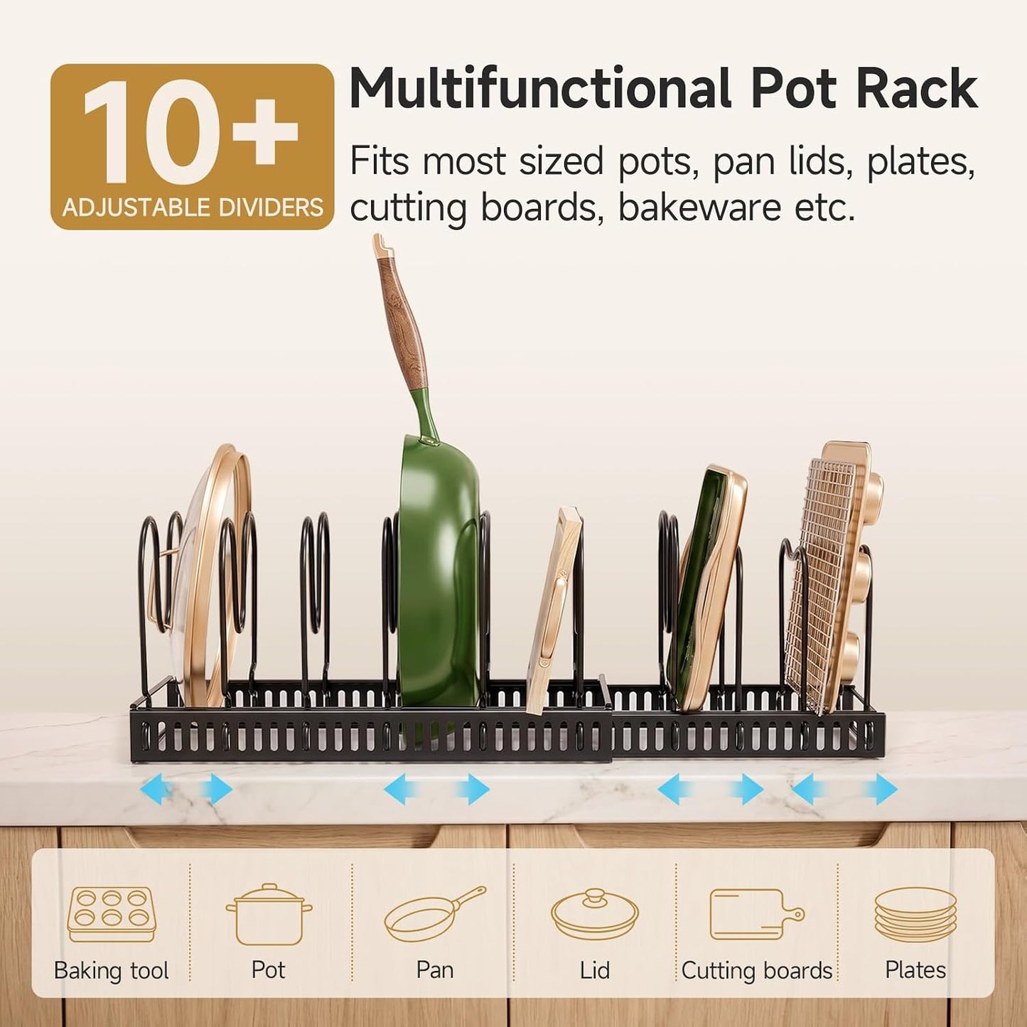 MUDEELA Pot Lid Organizer for Cabinet, Adjustable Baking Pan Rack 7 Slots | 7 Adjustable Divider, Tool-Free Assembly,Non-Slip, Scratch-Proof, Sturdy Metal Frame, For Pan Lid Cutting Board Bakeware
