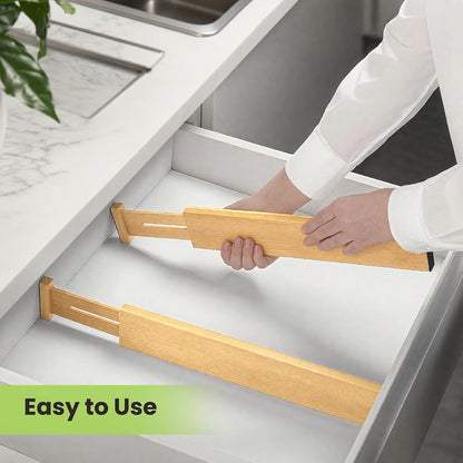 Fyvva Drawer Organizer, Spring-Loaded Expandable Bamboo Dividers 8-Pack | Large Kitchen Drawer Organizer, Adjustable 16.9 to 22.2 in, 2.3in High Non Slip for Kitchen Clothes Bathroom Office Natural