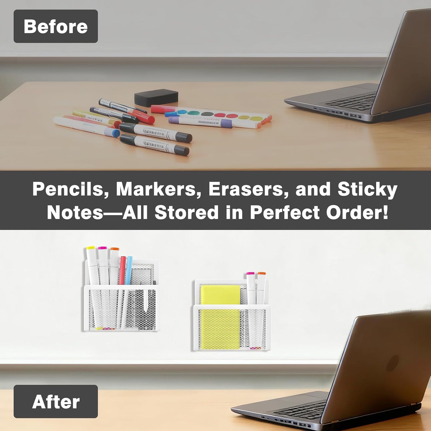 MoKo Magnetic Pen Holder, 2-Pack Mesh Organizer, Black | Magnetic marker holder has two compartments and an iron mesh body for refrigerators, whiteboards and cabinets.