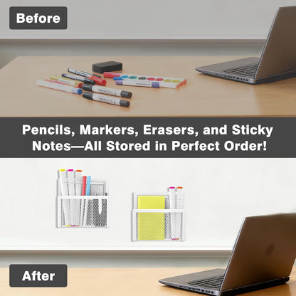 MoKo Magnetic Pen Holder, 2-Pack Mesh Organizer, Black | Magnetic marker holder has two compartments and an iron mesh body for refrigerators, whiteboards and cabinets.