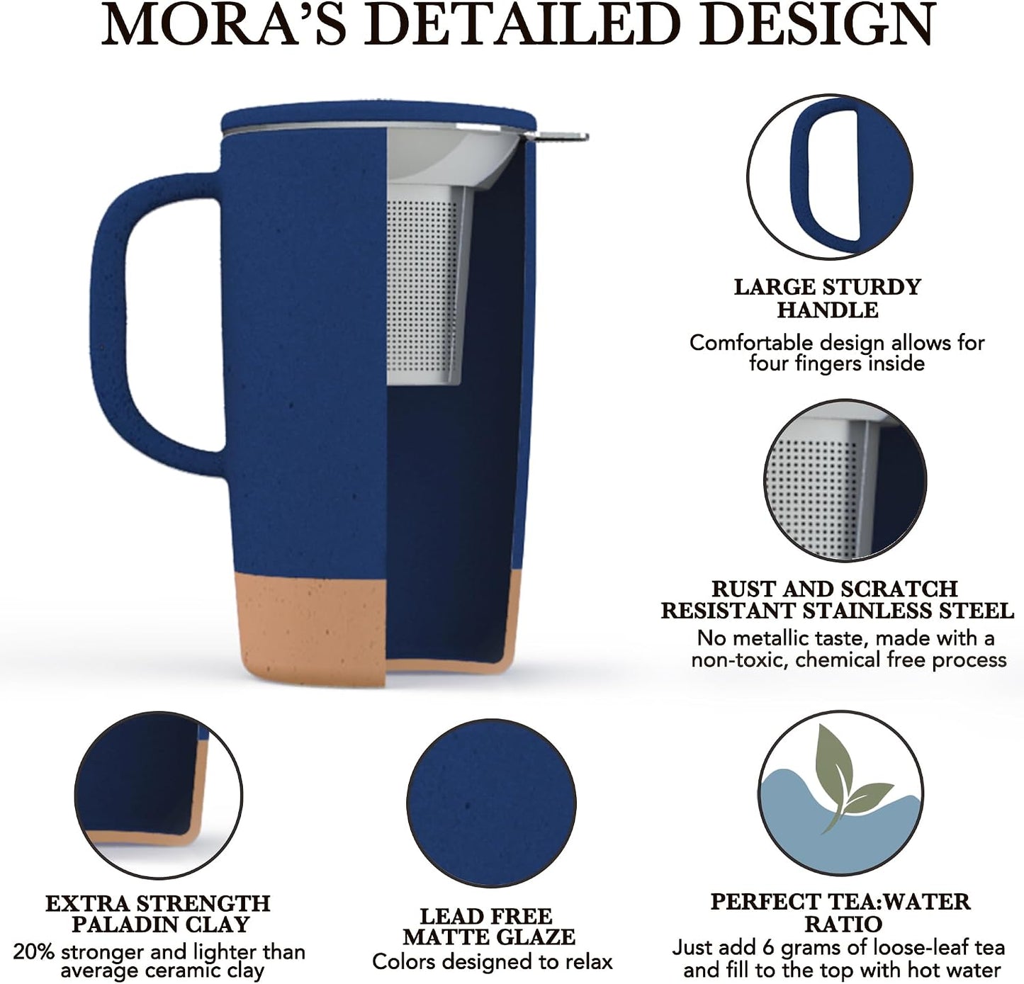 Mora Ceramics Large Tea Mug with Loose Leaf Infuser and Ceramic Lid, 18 oz, Portable, Microwave and Dishwasher Safe, Tall Coffee Cup - Rustic Matte Ceramic Glaze, Modern Herbal Tea Strainer, Olive