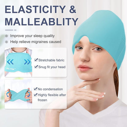 Migraine Headache Relief Cap, Gel Ice Head Wrap, Hot and Cold Therapy, Headache Eyes Mask for Sinus, Puffy Eyes, Tension and Stress Relief (Blue)