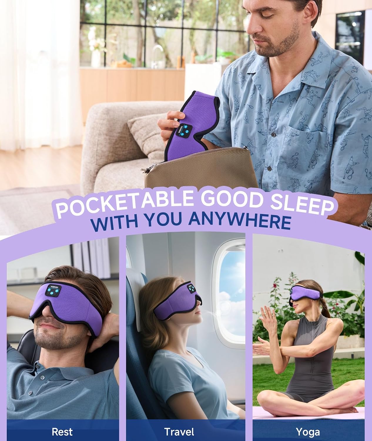 Voerou Sleep Mask with Bluetooth Headphones, Zero Pressure Wireless Sleeping Eye Mask, 100% Light Blocking Sleep Headphones for Side Sleepers, Suitable for Sleep Nap Travel, Cool Gadgets Unique Gifts